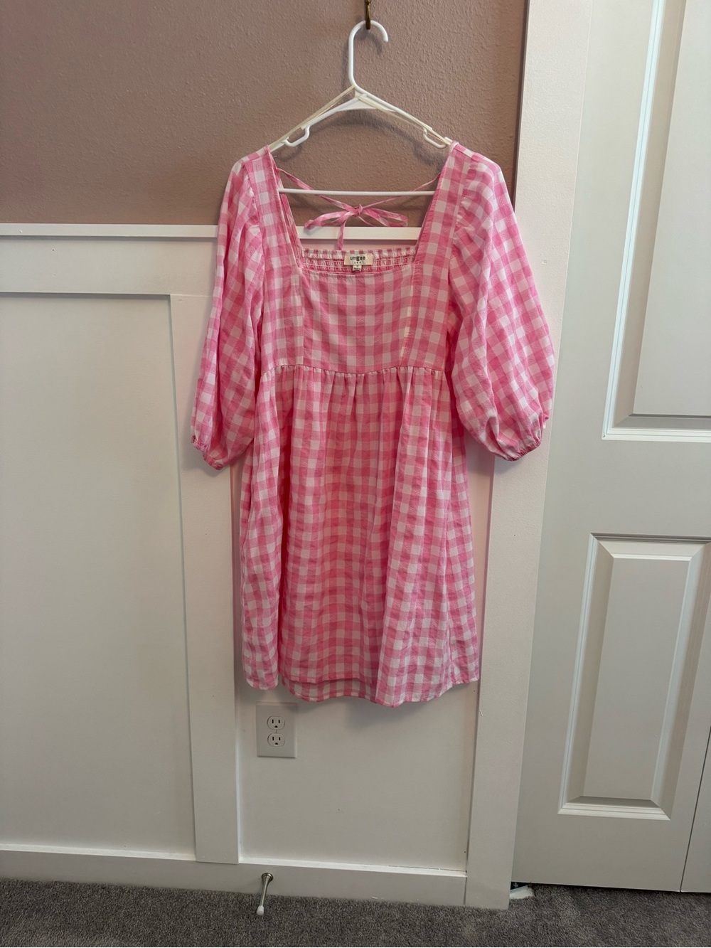 Umgee Pink Gingham Check Puff Sleeve Babydoll Mini Dress Tie Back